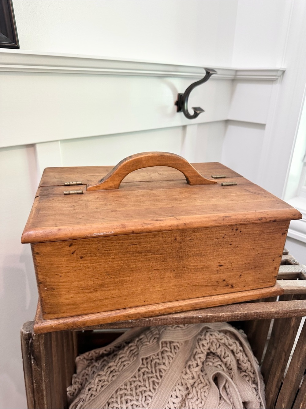 Vintage Wooden Handled Storage Box Tool Caddy Dual Hinged Lid Warm Honey Brown